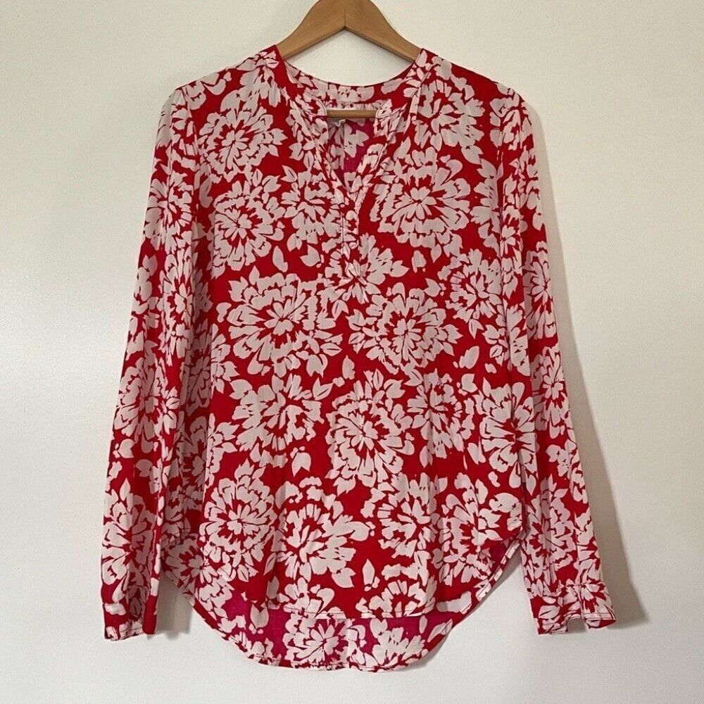 Velvet by Graham & Spencer Boho Shirt Floral Red White Spliced Neck Flowy Top XS